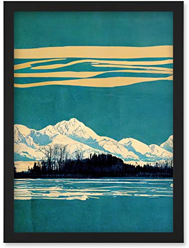 Wee Blue Coo Winter Lakeside Landscape With Snowy Mountains Duotone Teal Artwork Framed Wall Art Print A4