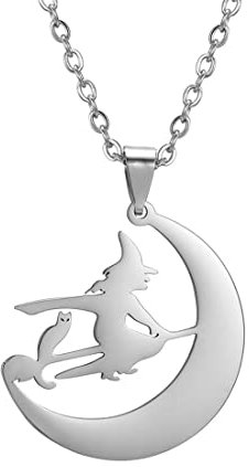 EUEAVAN Halskette mit Anhänger, Motiv: Halbmond-Hexe, Besen, Katze, Anhänger, fliegende Hexe, Hexerei, Halsband, Halloween, Amulett, Schmuck, Geschenk für Mädchen, Medium, Edelstahl, Kein Edelstein