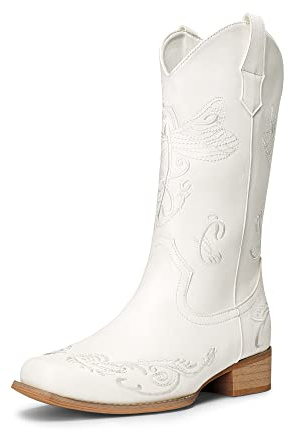 DREAM PAIRS Women's Cowboy Boots Mid Calf Cowgirl Boots Embroidery Stitched Square Toe Western Boots SDMB2220W WHITE Size 7 UK/9 US