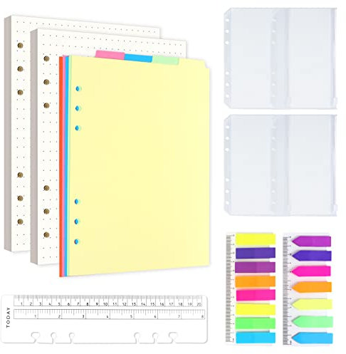 A5 Nachfüllbare Notizpapier Set,2 Packe 6 Löcher A5 Papier Gepunktet,5 Stücke Farbige Trennblätter,4 Stücke Umschlägbeutel,20CM Lineal