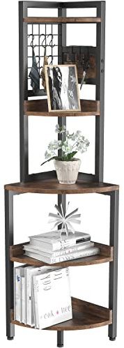 Dripex 5-stöckiges Eckregal, Eckregal, Bücherregal mit Haken, Mehrzweck-Leiter, Aufbewahrungsregal, Pflanzenständer für Wohnzimmer, Heimbüro, Küche, kleiner Raum, 40 x 40 x 151,5 cm