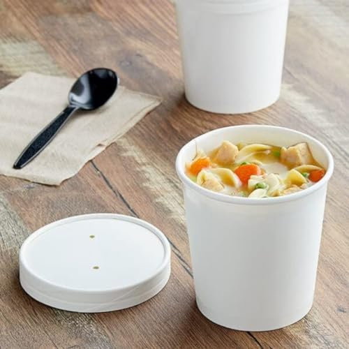 HOT BARGAINS 25 X 16oz/ 454ml White Kraft Disposable Soup Cups Containers with Lids Paper Soup Bowls Takeaway Tubs for Ice Cream, Dessert & Deli Containers (16oz, 25, Count)