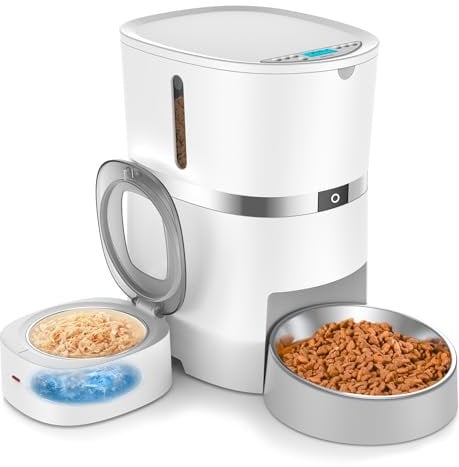 WellToBe Futterautomat Katzen Nassfutter mit Kühlung und Trockenfutter mit Trocknungsmittel für Katze und Hund, Automatischer Futterspender für Katze mit Timer, 1-6 Mahlzeiten, Dual Stromversorgung