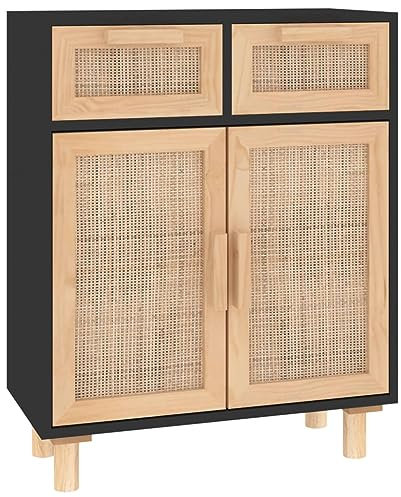 vidaXL Sideboard Schrank Anrichte Beistellschrank Kommode Mehrzweckschrank Standschrank Schwarz 60x30x75cm Massivholz Kiefer Natur-Rattan