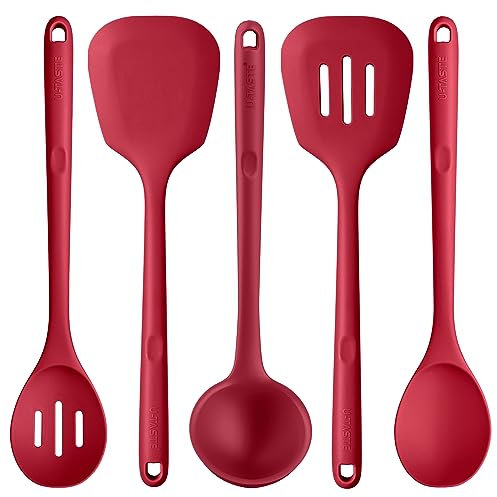 U-Taste Extra Long Silicone Kitchen Utensils, 5 Pcs 315℃ Heat Resistant Food Grade Cooking Tools Non-Stick Silicone Spatula Turner Spoon Set for Mixing Serving Frying Stirring Draining (Red)