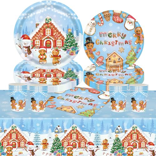Gingerbread Man Christmas Party Tableware Set - 20 Napkins, 16 Cups, 7in & 9in Plates, 1 Tablecloth - Blue Disposable Paper Dinnerware Xmas Decor for Kids & Adults
