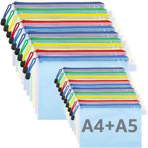 Oungy 40PCS A4 Zip Wallets A5 Zip Bags, Plastic Wallets Folders Zip Lock Bags, Mesh Document Bag for Home, Office, School, Travel (A4 & A5 Size)