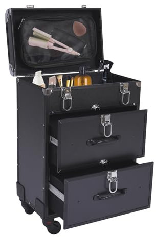 Kosmetikkoffer Trolley, Make Up Koffer Mit 2 Schubladen und 2 Schloss, Friseurkoffer Groß 36x23x58cm, Schminkkoffer mit Rollen 360° Drehbar, Große Kapazität (Schwarz)