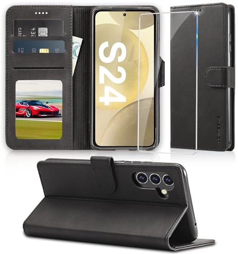 Handyhülle für Samsung Galaxy S24 Hülle 5G mit Schutzfolie, Klappbar PU Leder S24 Lederhülle, [Kartenfach] [Standfunktion] Wallet Klapphülle Tasche Case Schutzhülle für Samsung S24 5G (Schwarz)