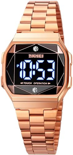 findtime Armbanduhr Damen Touch LED Eckige Damenuhren Rosegold Damenarmbanduhr Diamant Strasssteine Luxus Design Frauen Uhr Edelstahl