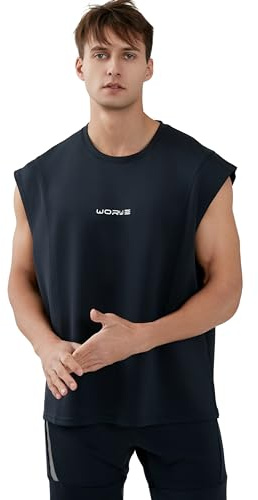 WORWE Herren Ärmelloses Hemd Weste Spors Mode Gym Training Gym Laufen Tanspirable Schnell Trocknend Sportlich Mode Crossfit Rundhalsausschnitt mit überschnittenen Schultern (S, Navy Blue)