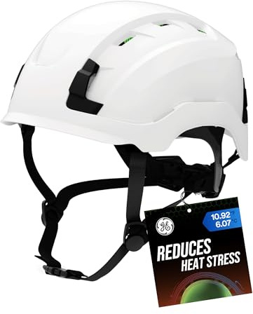 GE Safety Helmet, Impact Absorbing Tech, Adjustable Ratchet, ANSI Type 1, Memory Foam Padding, Hard Hats Protection, Lightweight, Durable, Chin Strap - White, Class C (Vented), OSHA Approved