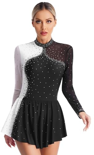 CHICTRY Eiskunstlauf Kleid Damen Langarm Strass Glitzer Ballettkleid Stehkragen Tanzbody Farbblock Patchwork Trikot Mit Wickelrock Dancewear