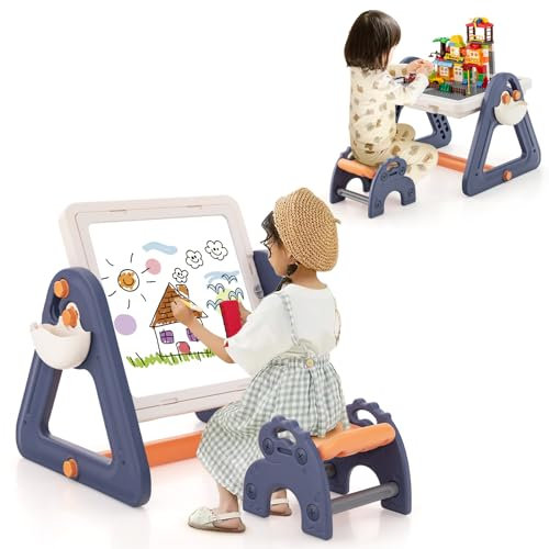COSTWAY Kids Art Easel, 6 in 1 Toddler Activity Table and Chair Set with Whiteboard, Storage, Double-Sided Tabletop, 160+ Building Blocks, Multi-Activity Children's Play Tables for Boys Girls