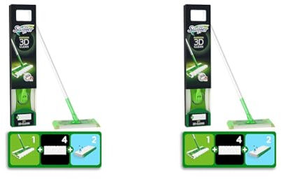 Swiffer Balai Attrape-Poussière 3D Clean Kit de Démarrage, 1 Balai + 4 Lingettes Sèches + 2 Lingettes Humides, Attrape et Retient la Poussière (Lot de 2)