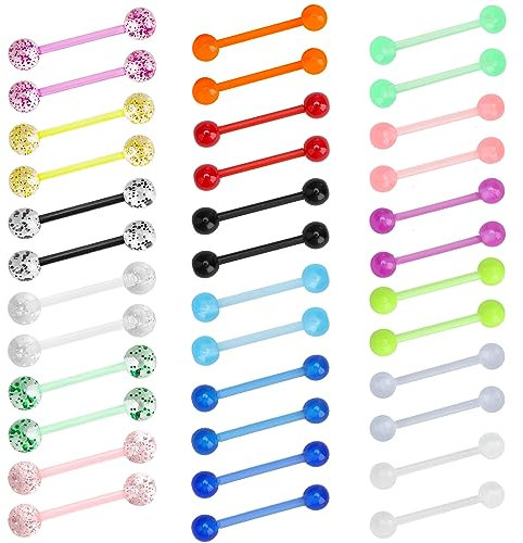 Pennle Lot de 32 piercings de langue en plastique phosphorescent pour téton – 14 g – Bijoux de piercing en caoutchouc acrylique fluo à paillettes transparentes, 16 mm et 1,6 mm pour homme et femme,