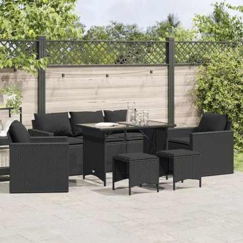 Willood 6 TLG. Rattanmöbel Gartenbank Rattan Garten Sitzgruppe Gartenlounge Gartenmöbel Set Sofagarnitur mit Kissen Schwarz Glas Tisch