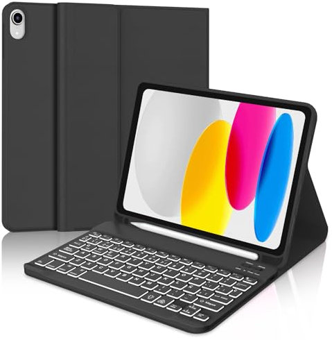IVEOPPE Teclado para iPad 10 Generación 2022/11 Generación A16 2025 (10.9/11 Pulgada), QWERTY Español Ñ, Retroiluminado de 7 Colores Bluetooth Magnéticamente Funda Teclado para iPad 10/11 Gen, Negro