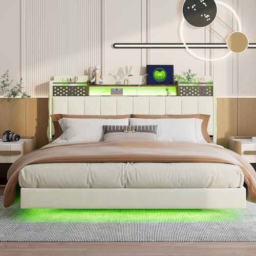 Lit 160x200 avec Sommier LED et USB, Lit Double 160x200 avec Rangement et Tete de Réglable, Rembourré avec à Lattes, 2 Personnes Cadre de(sans Matelas)