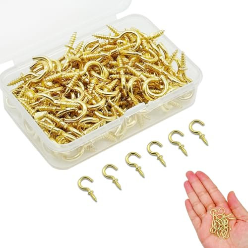 WWYSSZ 120 Piezas Ganchos de Tornillo Pequeños, Ganchos Atornillables 1/2 Pulgadas, Ganchos de Rosca, Ganchos de Metal para Atornillar, para Plantas Colgantes y Decoraciones Artísticas (Oro)