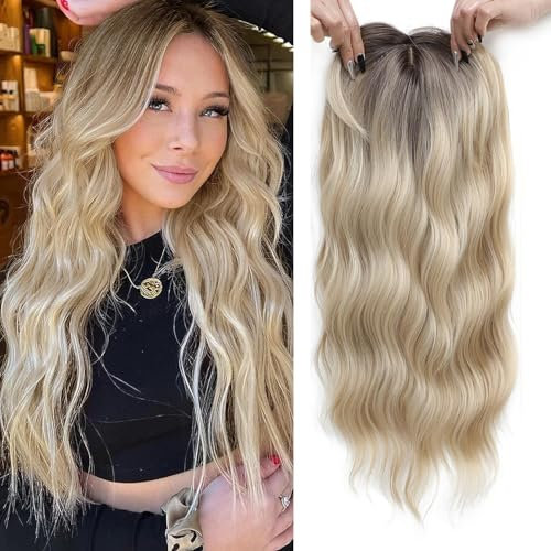 PORSMEER Haar-Topper Ombre Blond für Frauen 45cm Lang Gewelltes Haarteile Synthetische Perücken-Topper für dünnes Haar Highlight Clip In Wiglet mit Pony Haarvolumen hinzufügen