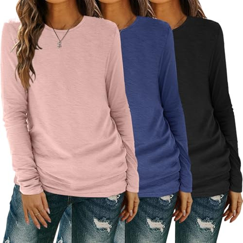 YGOODM Long Sleeve Shirts for Women Pack Crewneck Basic Tee Tops Spring Casual Tshirts, 3 Pack-pink&blue&black, M