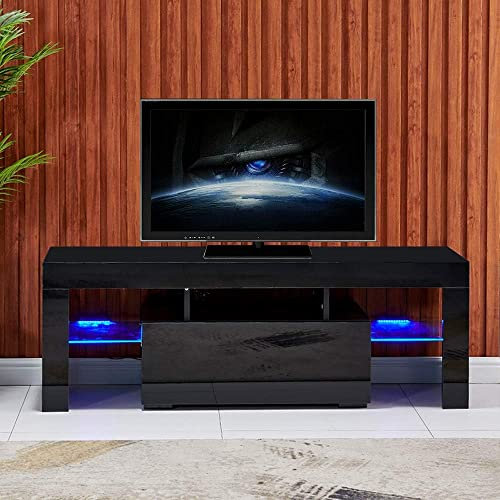 Redd Royal 130cm TV Stand Cabinet with Led Lights for 32-65 TV, Wood Black High Glossing Unit Entertainment Center TV Media Center Cabinet with Drawer Shelves
