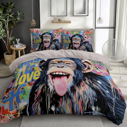 Kinder Bettwäsche Set 200 x 200 cm, Street Art Tier AFFE Bettbezug Set 3 Teilig, Weiche Microfaser Wende Beige Bettwäsche mit Reißverschluss und 2 x 80x80cm Kissenbezüge