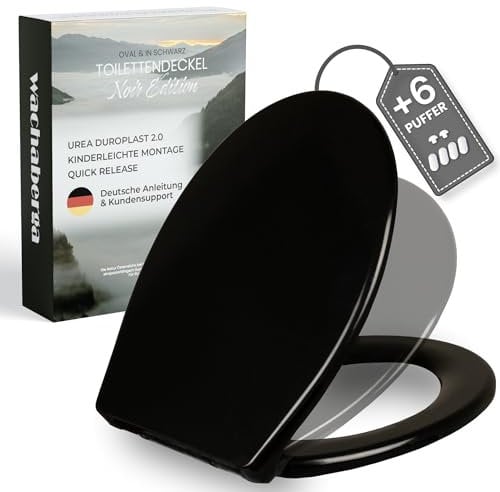 WC Sitz mit Absenkautomatik Schwarz - Toilettendeckel Oval mit Edelstahl Spezialscharniere für bombenfesten Halt - Klodeckel Schwarz aus robustem Urea-Duroplast inkl. 2 Montage-Sets & 6 Extra-Puffer