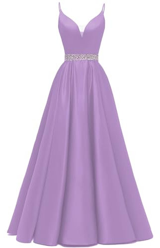 HUINI Abendkleider Lang Satin A-Linie Ballkleid Brautkleid Prinzessin Cocktailkleid V-Ausschnitt Partykleid Festkleider Flieder 50