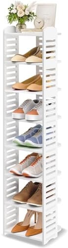 Dripex Schuhregal Schmal Weiß, Verstellbarer, Multifunktional, Standregal Schuhständer für Flur Eingang Garderobe Schlafzimmer, 8 Ablagen
