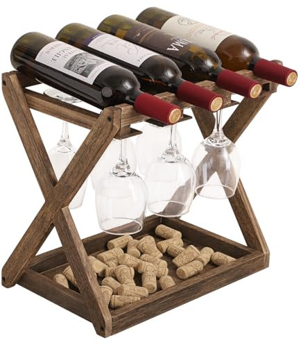 WDSHIYI Wine Rack – 4 Bottles and 6 Stemware Wooden Wine Racks Countertop for Kitchen, Cellar, Office, Bar – Luxurious Wine Bottle Storage for Standard Bottles Holder Stand