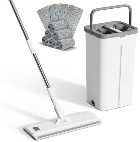 Eukue Mopa Fregona con Cubo Escurridor, Juego de Fregona y Cubo, Mopas de Limpieza Suelos con 5 Almohadillas, Mopa Plana Microfibra con Función Escurridor para Madera Dura Laminado, Blanco