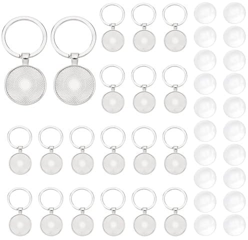 JINJUMEI 20 Set Blanko Cabochon Schlüsselanhänger, Legierung Blank Lünette Anhänger Tabletts Durchmesser mit Transparentem Glas, Fassungen Glas Cabochons Kettenanhänger Zum Befüllen von Fotoschmuck