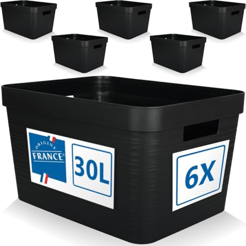 Stimo 6er Set Aufbewahrungsbox 30L Aufbewahrungskorb Kunststoff Ordnungsbox mit Griffen für Badezimmer Regal Organizer Box (Schwarz, 6er Set 30L)