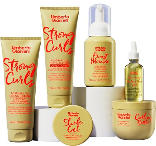 Umberto Giannini Curly Hair Routine Kit Strong Curls (6 Produkte) Wash & Style Curly, Coily, Wavy Hair: Includes Shampoo, Conditioner, Mousse, Curl Cream, Slick Gel + Rosmarin Oil