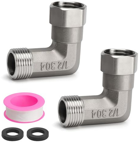 APOMOONS 2 PCS Tube fileté 1/2 pouce, Raccord mobile avec ruban adhésif brut étanche, 304 acier inoxydable coude 90 degrés, DN15 coude 1/2 mâle femelle Raccord pour le chauffe-eau