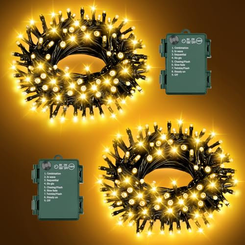FFZZKJ Lichterkette Weihnachten Außen Batterie Timer 8 Modi Insgesamt 10M 100 LED Wasserdicht Lichterkette Innen 50LED*2 5M*2 für Weihnachtsdeko Aussen, 2 Stück, Warmweiß