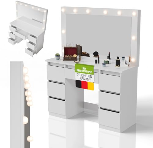 Juskys Schminktisch Lilia mit LED-Spiegel, 7 Schubladen, individuelle Lichteinstellung, viel Stauraum, modernes Design, kompakt & pflegeleicht für Make-up — Weiß