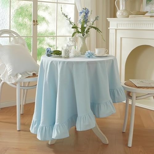 HAIRUO Baumwoll-Leinen-Tischdecke, Retro-Stil, Bauernhaus, hellblau, waschbar, Tischdecke für Partys, Kaffee, Küche, Picknick, runde Tischdecke (Hellblau, rund, 119,4 cm)