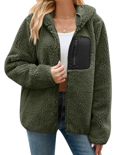 Tuopuda Teddyfell Jacke Damen Herbstjacke Fleecejacke Warme Fleecemantel Damen Kapuzenpullover Zipper Hoodie Plüschjacke mit Taschen (Armee grün,M)