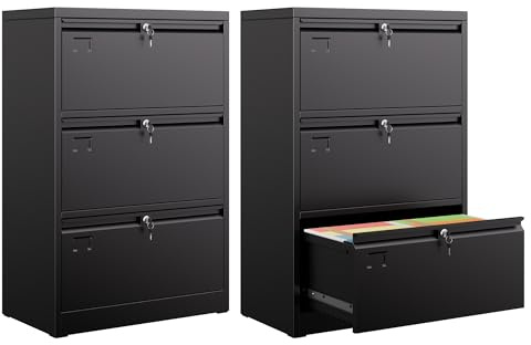 LOCENHU Metallschrank mit 3 Schubladen，Großes Fassungsvermögen Aktenschrank，Aufnahmeschrank mit Schloss，Große Kapazität, Geeignet für Zuhause, Büro,Schwarz