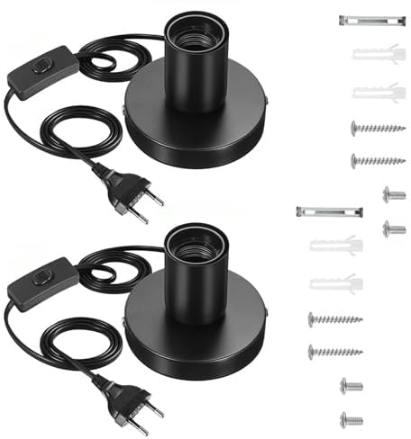 BEELUKY 2 Stück Lampenfassung E27 mit Schalter Schwarz mit 1,8m Netzkabel und Kabelschalter – Für DIY Pendelleuchte, Hängeleuchte, Industrielle Vintage Tischlampe in Wohnzimmer, Büro, Bar (220V, 3A)