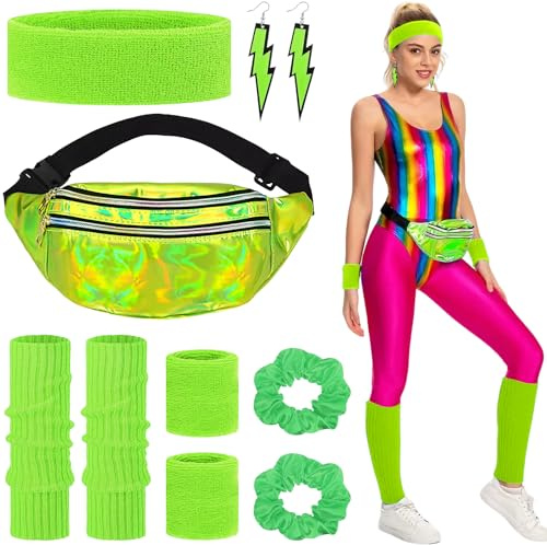 Betrynidil 80er Jahre Outfit Damen Set, Damen 80er Jahre Workout Kostüm, mit Bauchtasche, Stirnband, Haargummi, Beinwärmer, Armbänder und Ohrring, für Karneval Neon Party (Grün)