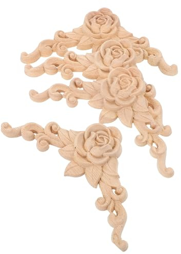 PHENOFICE Holzapplikationen Einfache Montage Vielseitige Dekoration 4 Stück in Beige Geschnitzte Rosen Ecken für Möbel und Wohnkultur