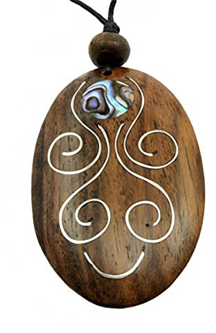 Island Piercings Halskette Design Anhänger aus Holz mit Abalone Permutt und Edelstahl längenverstellbar N149