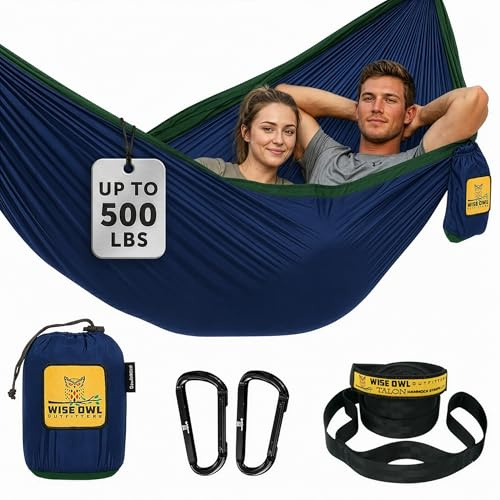 Wise Owl Outfitters Hängematte - Outdoor Hängematte für 2 Personen - Ultraleichte Reisehängematte - Belastbar bis 226 kg - Camping Zubehör - Inkl. Aufhängung u. Karabiner (Marineblau und Waldgrün)
