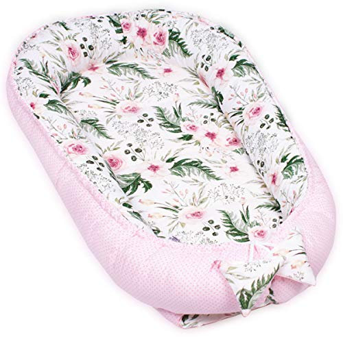 PaLulli Kuschelnest 2-seitig Babynest Babynestchen Baby Nest Nestchen Reisebett Wickelauflage Kuschelbett, Kokon Kokon für Babybett - Babys und Säuglinge, 100% Baumwolle Oeko TEX (Rosa Feder)