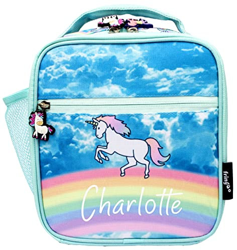Fringoo Personalised Kids Lunch Bag Thermal Insulated 2 Compartment Cooler Bag with Side Mesh Pocket Nursery School Travel Lunchie (Unicorn Clouds)