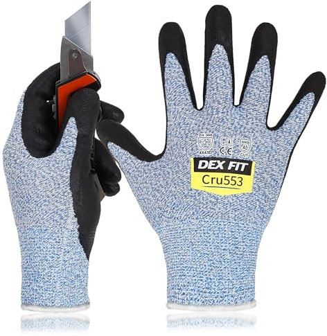 DEX FIT Gants de Travail Cru553 Résistants aux Coupures Niveau 5, Adaptation 3D Confortable Extensible, Agrippants Nitrile Durable, Smart Touch, Fins Légers, Lavables, Bleu 7 (S) 1 Paire